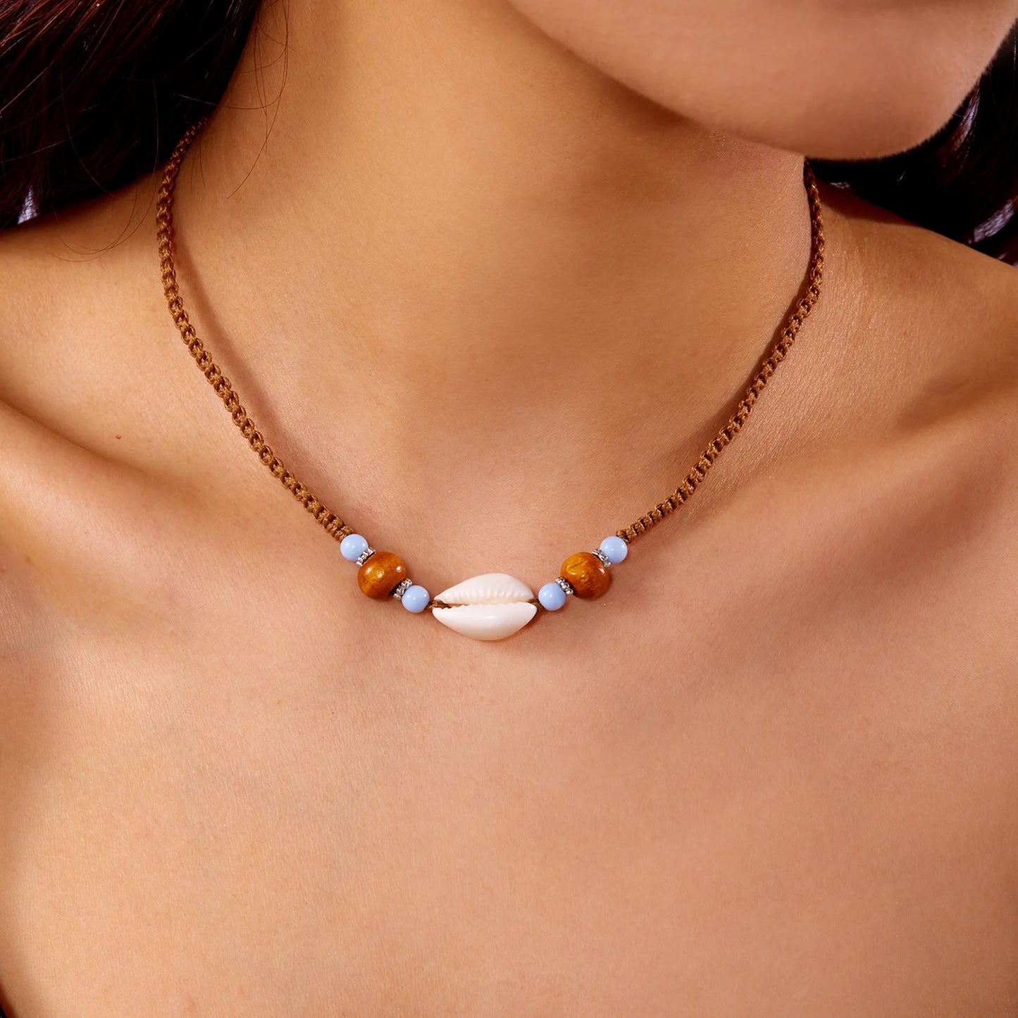 Bohemian Imitation Pearl Ceramic Beaded Shell Necklace for Women Handmade Woven Rope Chain Choker Necklace Summer Beach Jewelry