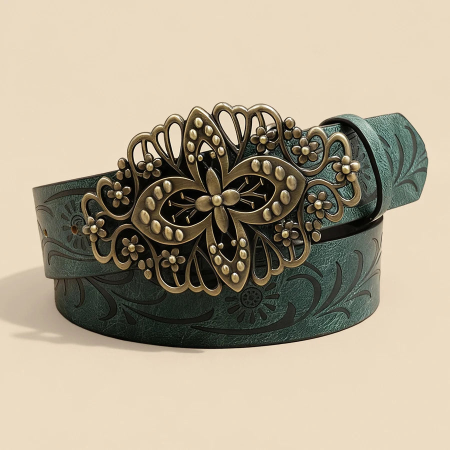 Vintage Carved Metal Buckle Belt Unisex Retro Brass Buckle Embossed Pattern Waistband European Ethnic Style Accessory