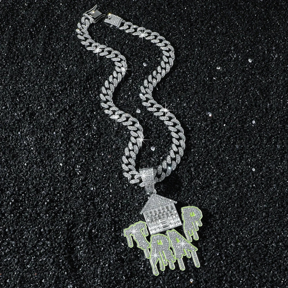 New Men's Exaggerated Trap House Pendant Cuban Necklace Hip Hop Style Iced Out Rhinestone House Letter Necklaces Charm Jewelry