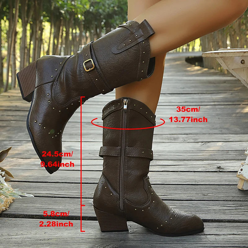 Brown Pu Leather High Heels Riding Boots Women Vinatge Zipper-Up Pointed Toe Mid Calf Boots Woman Block Heel Punk Western Botas