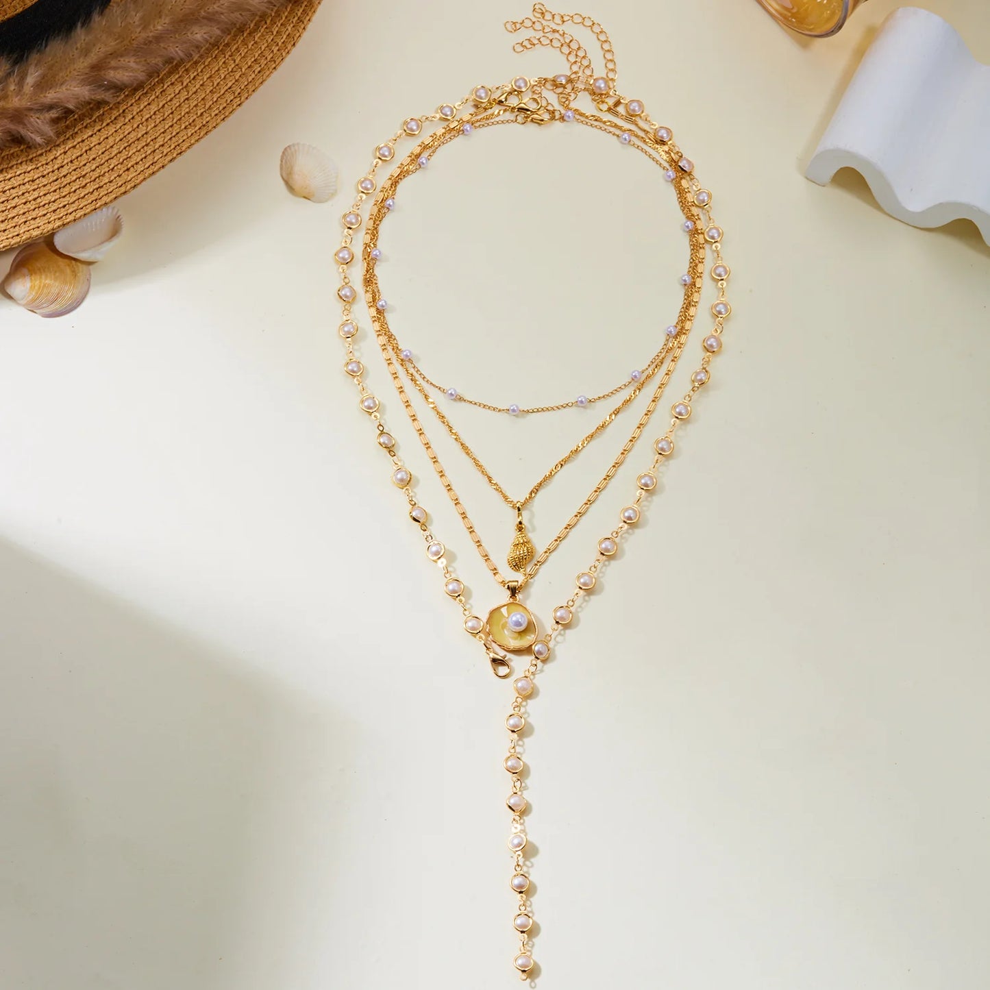 Layered Gold Starfish Pendant Necklace Women White Seed Bead Rope Cord Choker Boho Beach Summer Vacation Jewelry
