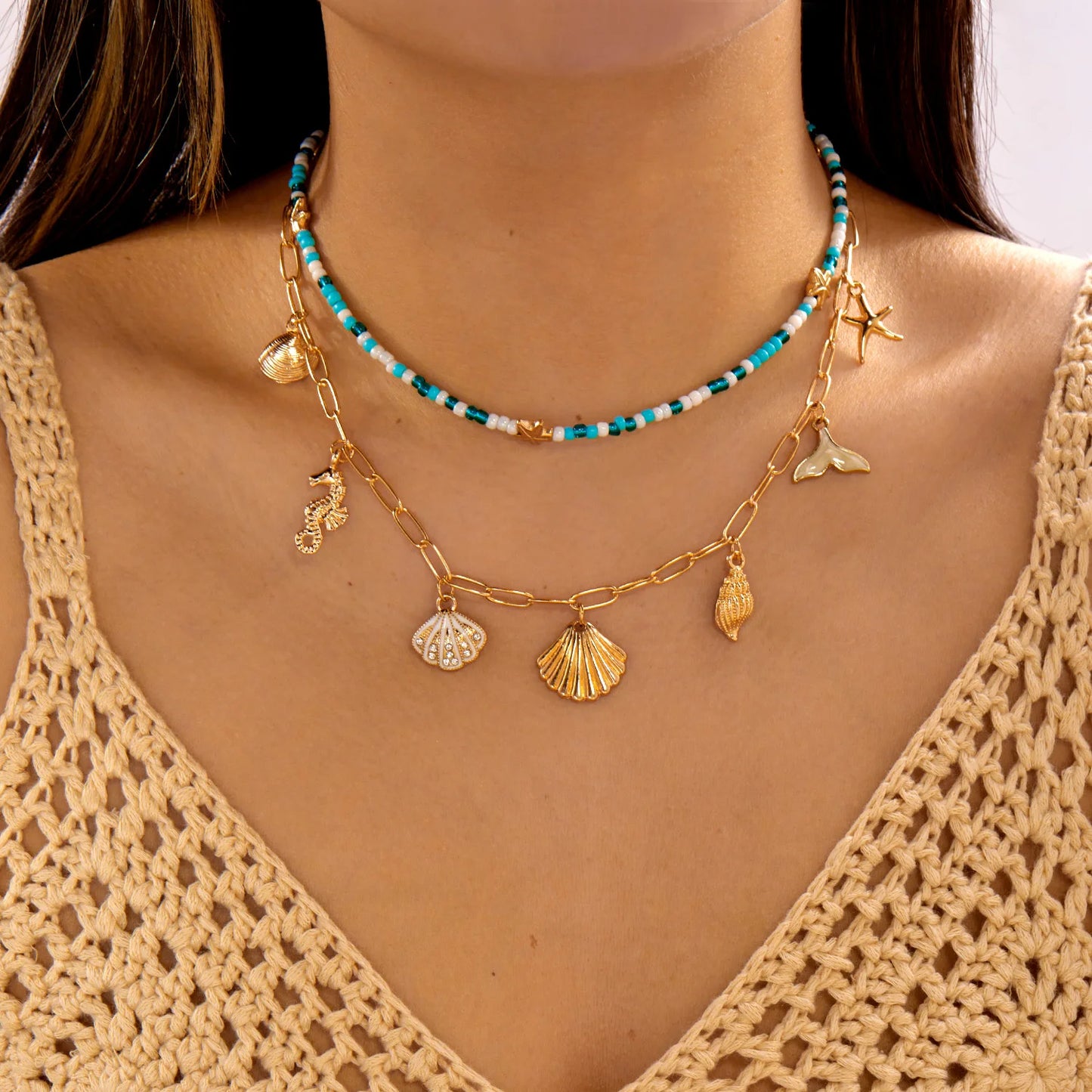 Tropical 2Pcs Layered Necklace Set For Women Ocean Themed Shell Seahorse Starfish Fish Tail Beaded Summer Beach Jewelry