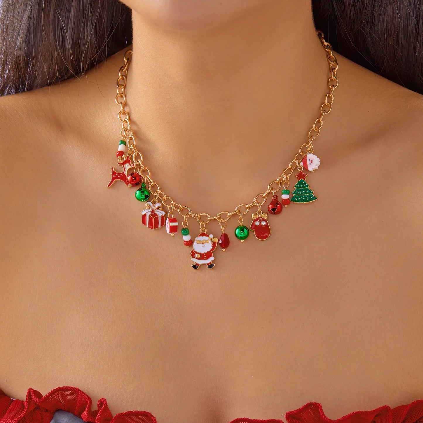 Fashion Santa Claus Snowman Christmas Tree Snowflake Pendant Necklace For Women Gold Color Metal Chain Choker Jewelry Xmas Gifts