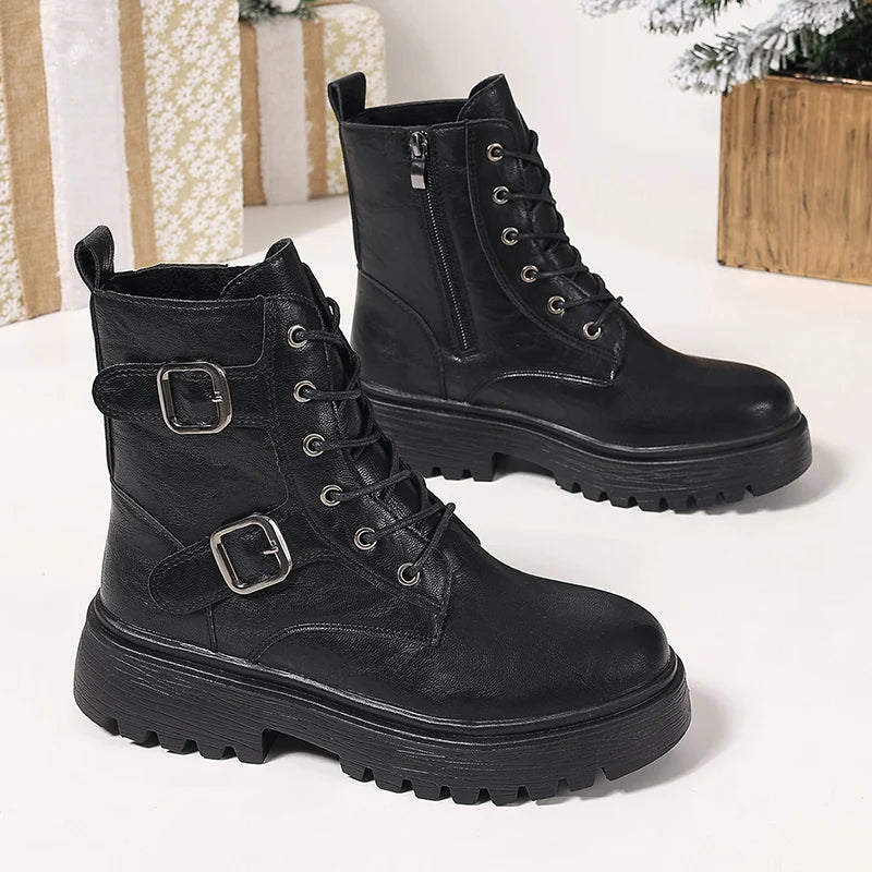 Fashion Buckle Black Motorcycle Boots Women Pu Leather Platform Ankle Boots Woman Plus Size 35-42 Thick Sole Lace Up Shoes Mujer