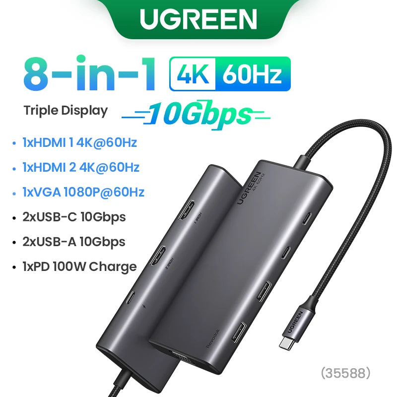 Triple Display USB C HUB 10Gbps 4K HDMI Adapter 8-in-1 Splitter with HDMI DP