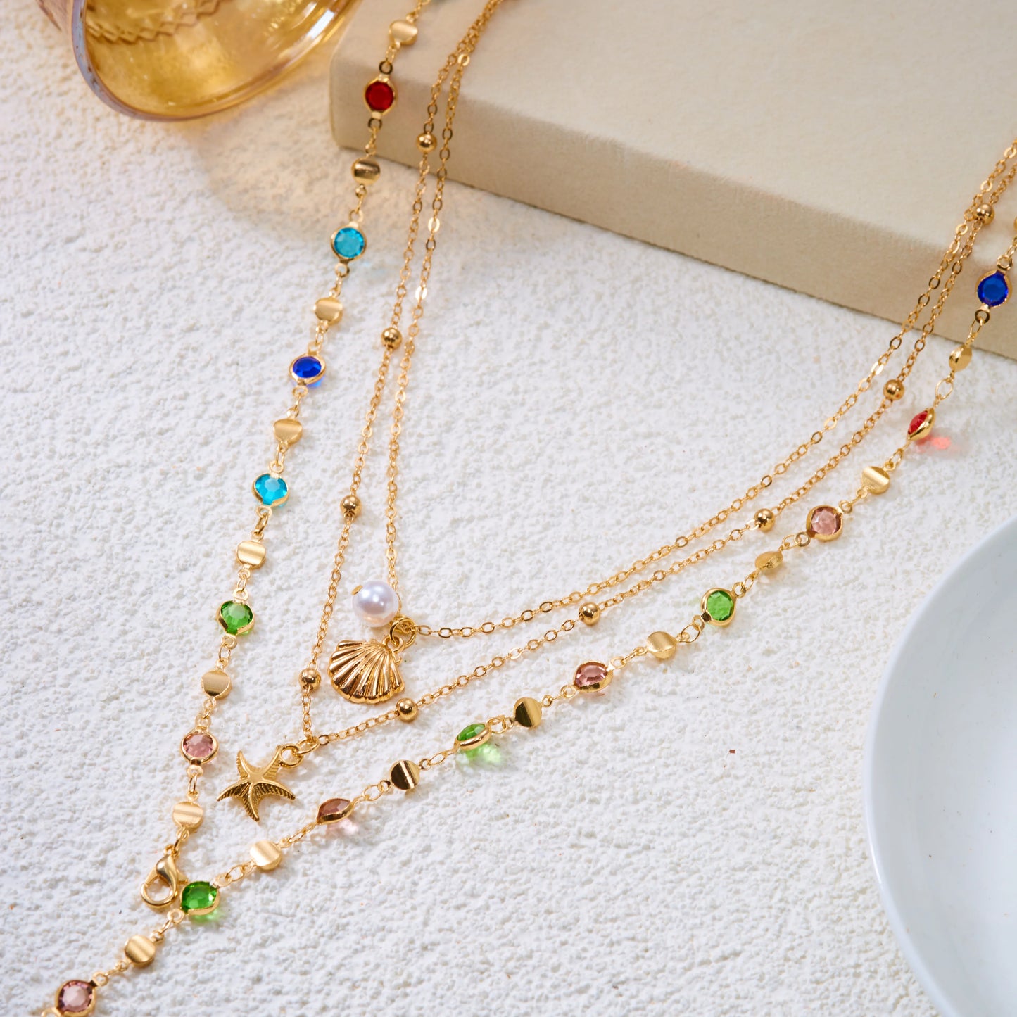 Bohemian Layered Starfish Seashell Beaded Necklace for Women Summer Beach Gold Tone Necklace Summer Daily Jewelry Gift