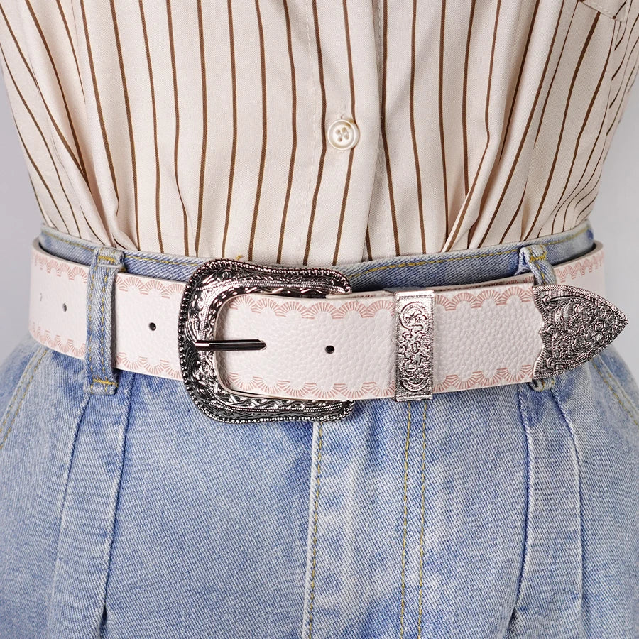 White Border Women's Belt, Solid Color Casual Printed Belt, Silver Carved Alloy Buckle, Suitable for Daily Commuting and Dating
