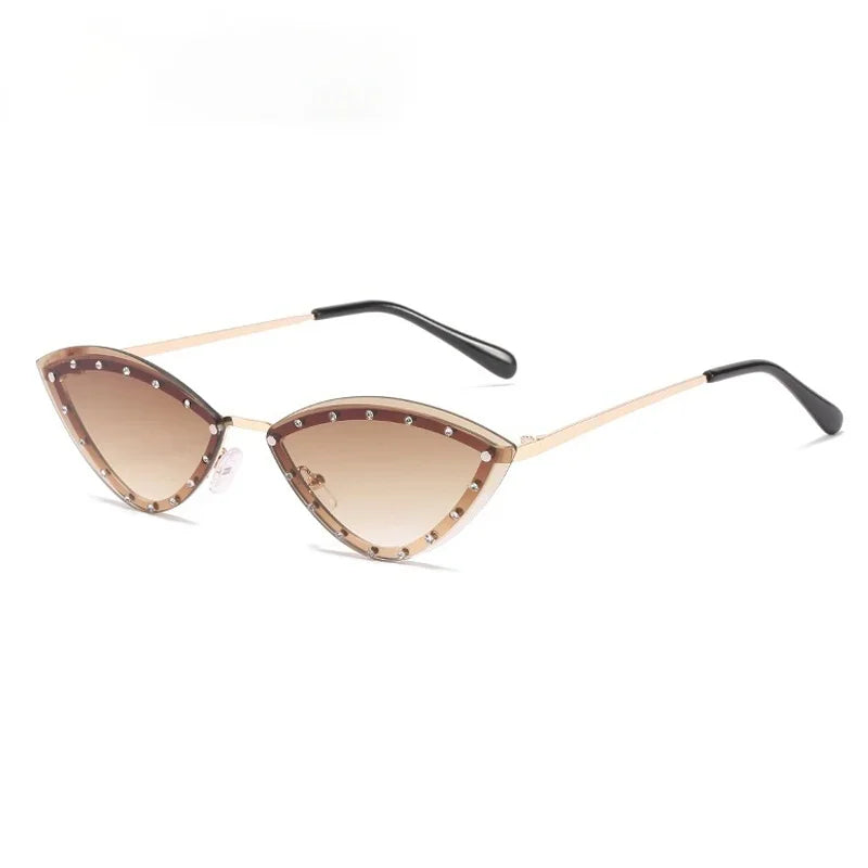 JNPCXI New Triangle Cat Eye Sunglasses Alloy Rimless Crystal Shiny Sun Glasses Female Unique Elegant Green Rhinestone Shades