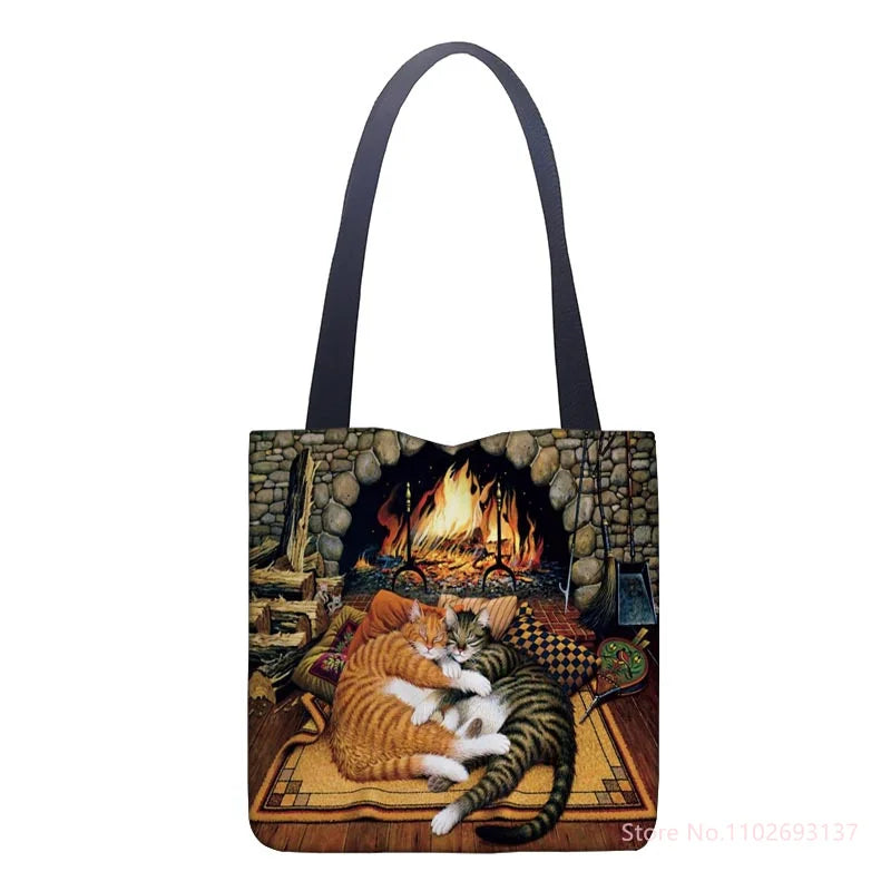 Oil Painting Cat Shopping Bag Eco Reusable Female Tote Bag College Retro Handbag