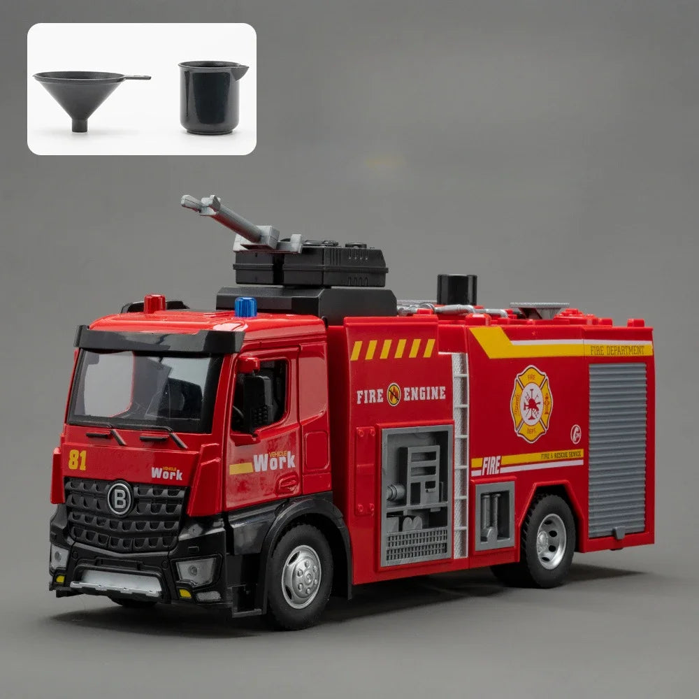 1:18 Water Tanker Alloy Ladder Fire Truck Model Toys Car Diecast Metal Engineering Vehicle Doors Opened Sound Light Toy Boy Gift