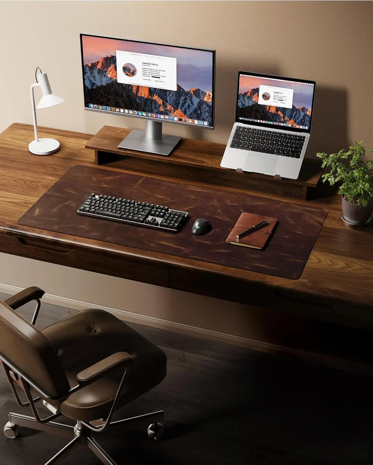 Real Leather Desk Pad, 2mm Thick Desk Blotter with Stitched Line, Oil-Wax Feel Mouse Pad and Self-Healing Laptop Pad for Office