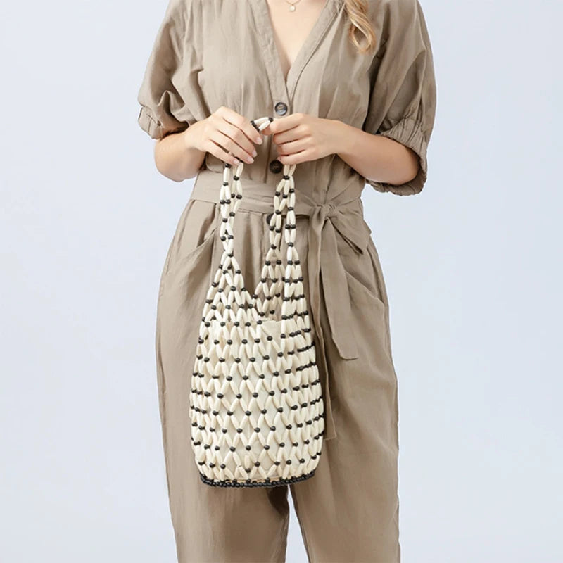 White Wooden Women's Hollow Beaded Seaside Handheld Shoulder Underarm Bag Design