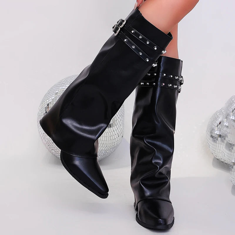 Fashion Belt Buckle Pointed Toe Knee High Boots Women Punk High Heel Black Pu Leather Botas Mujer 2026 Wide Leg Riding Boots