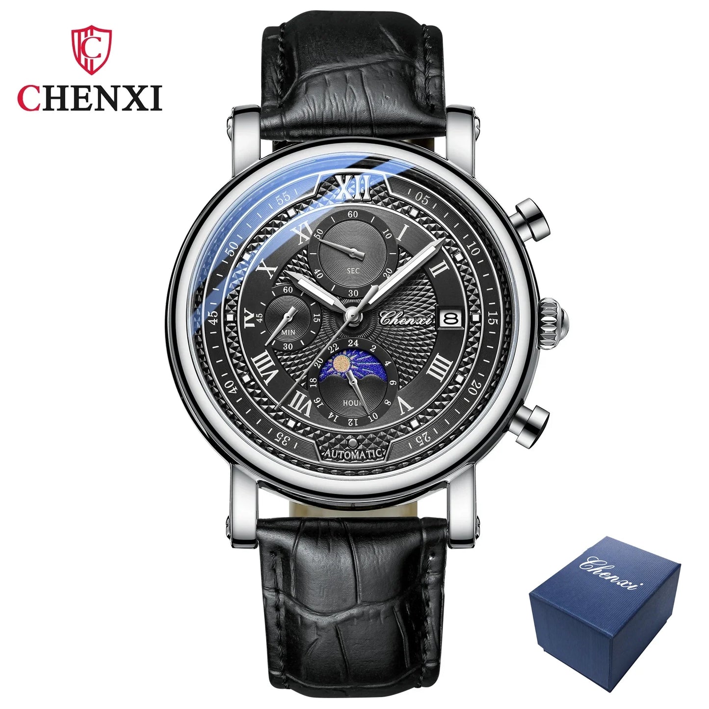 Chenxi Men's Leather Chronograph Phase of The Moon Luminous Quartz Watch