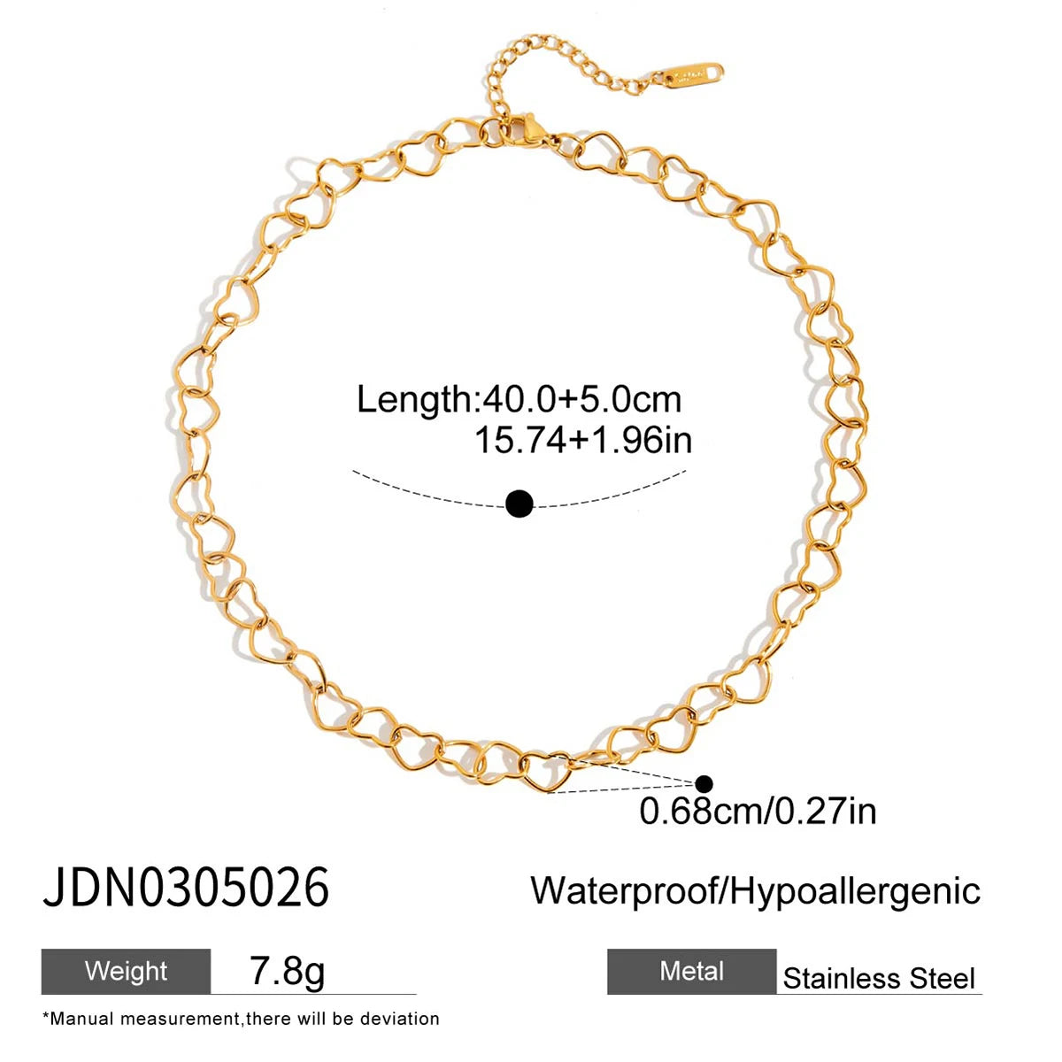 Uworld Simple Classic 18K Gold Color Plated Stainless Steel Heart Hollow Necklace Flat Chain Retro Sand Gold Feel Stackable Neck