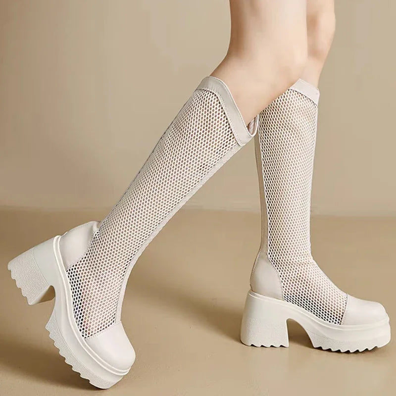 Sexy Mesh Hollow Boots Woman Summer 2025 Solid Size Zipper Mid-Calf Boots for Women Fashion Round Toe Platform Shoes Lady