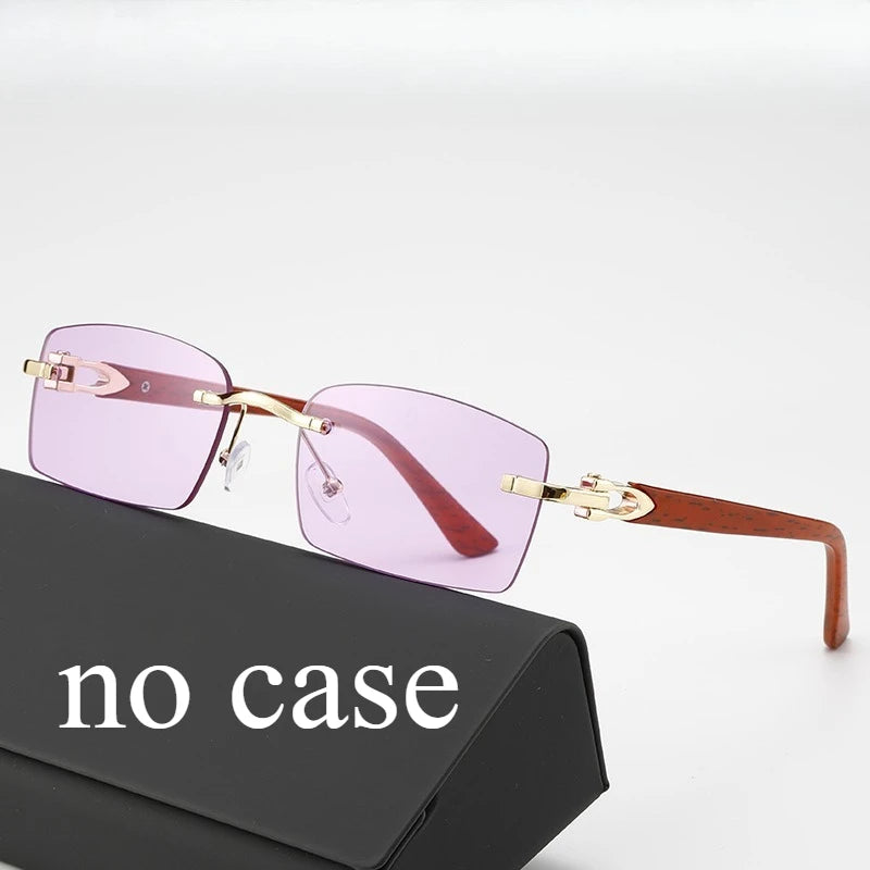 Fashionable Frameless Sunglasses with Ocean Panels, Trimmed Wood Grain, Leg Frames, Retro Men's and Women's Sunglasses