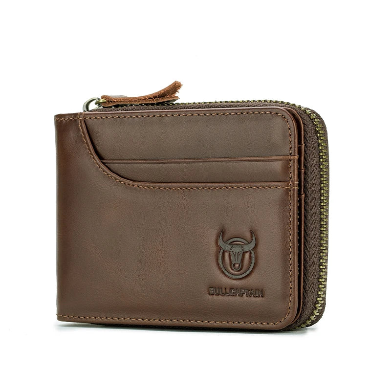 BULLCAPTAIN Men's Genuine Leather Wallet Business Casual Retro RFID Zipper Coin Purse Multi-Card Slot Cash Clip