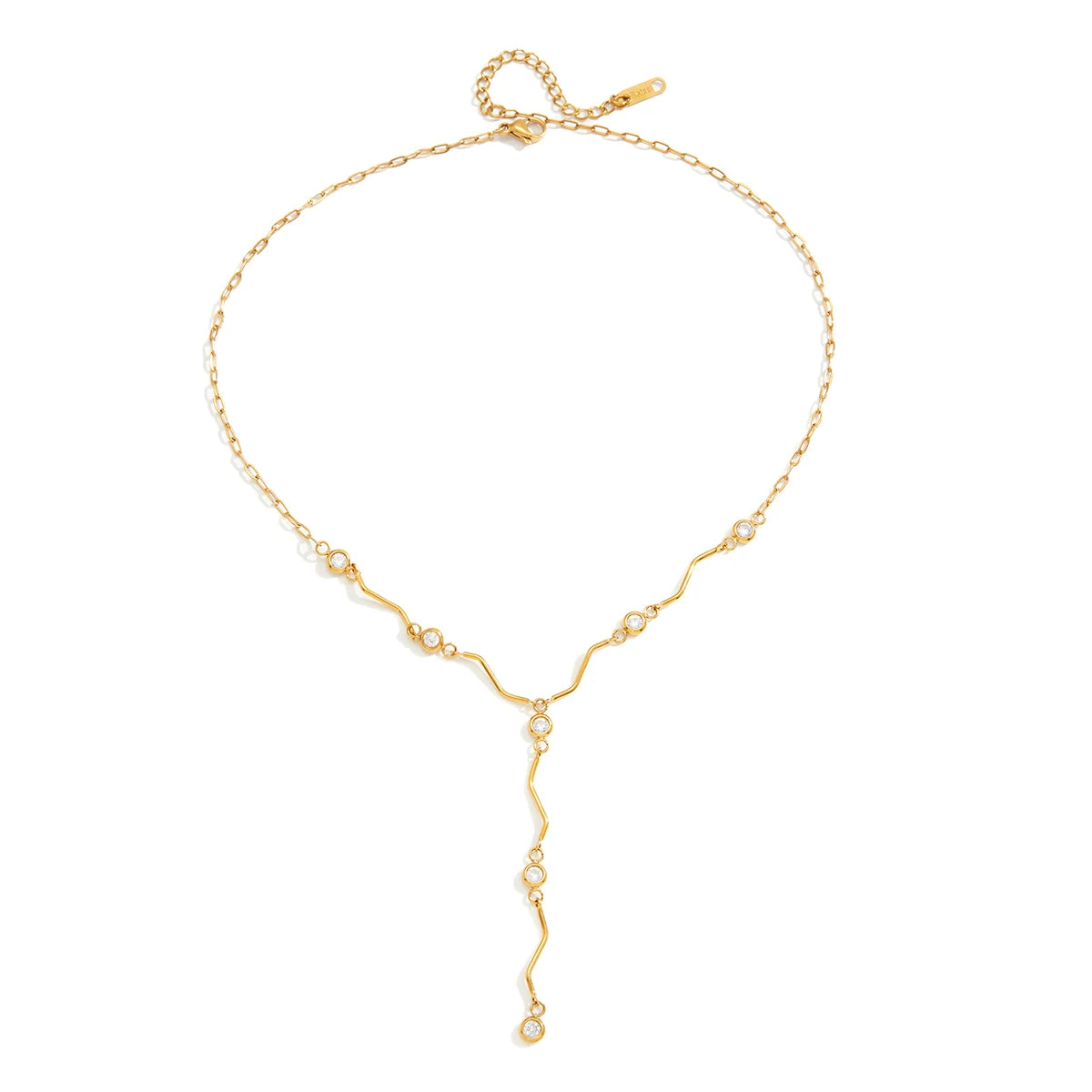 Uworld Delicate Wave-Shaped Stick Chain With White Zircon Paperclip Chain Y-Shaped Necklace For Women PVD Gold Plated Jewelry