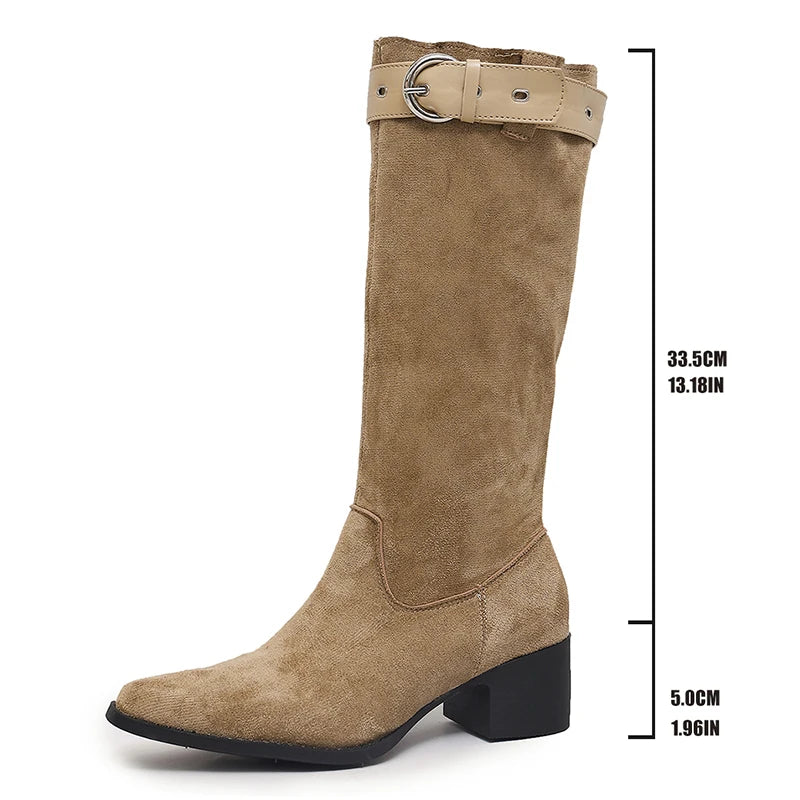 Pointed Toe Flock Knee High Boots Women 2026 Belt Buckle Block Heel Riding Boots Woman Plus Size 42 Thick Heels Long Botas Mujer