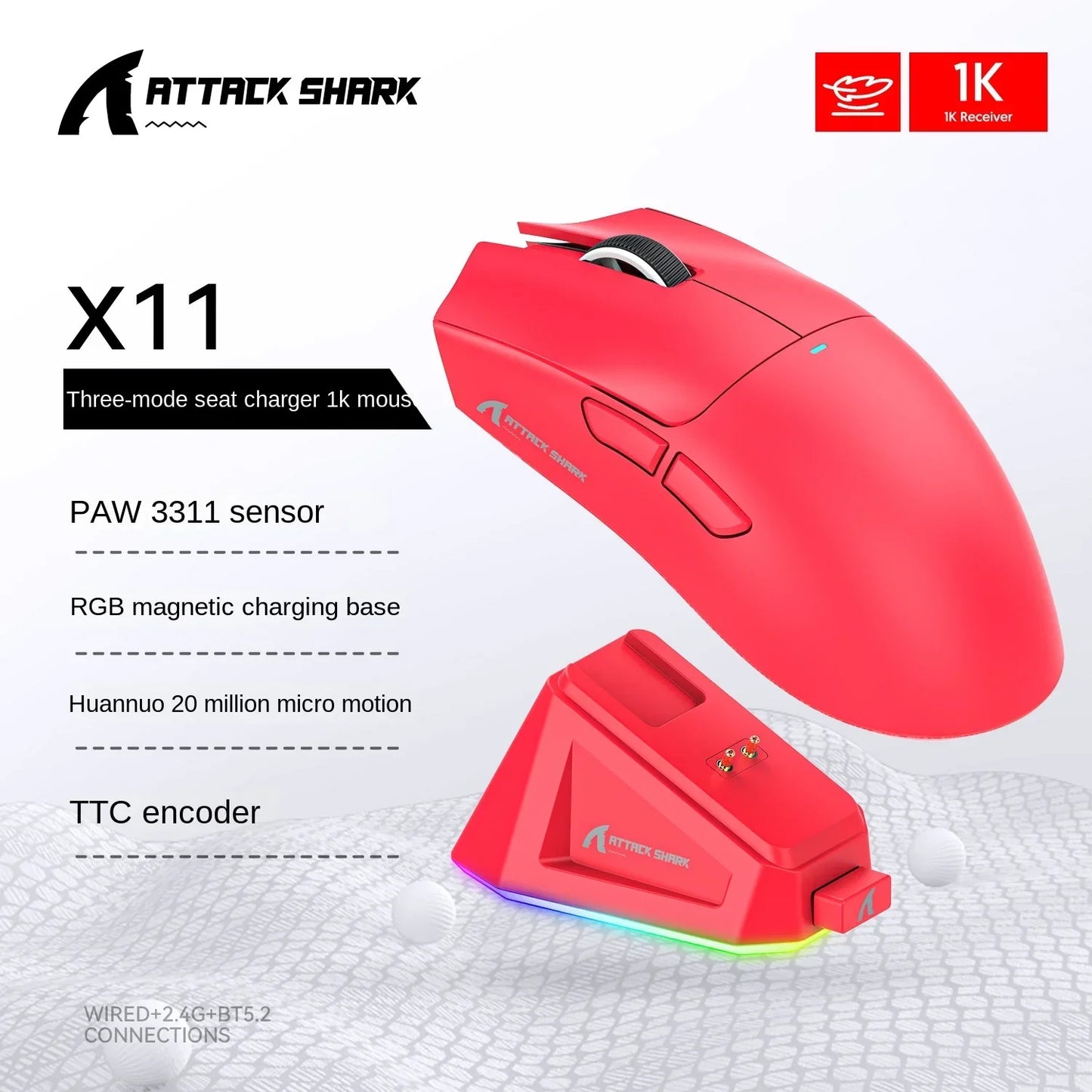 Attack Shark X11 Triple Mode, PAW3311 Bluetooth Mouse, Magnetic Charging Dock