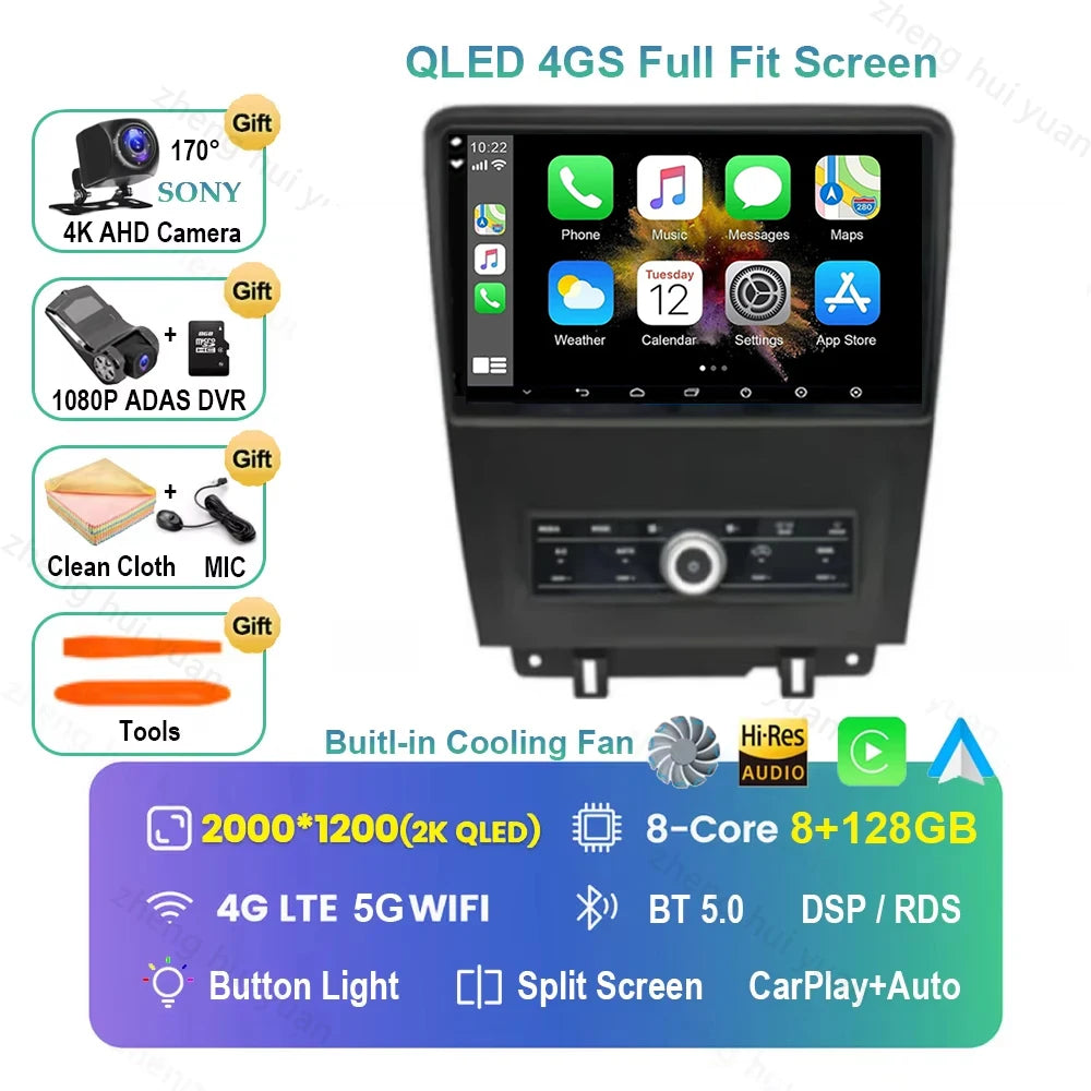 For Ford Mustang 2010 2011 2012 2013 2014 Android 16 GPS WIFI 4G Carplay&Auto Car Radio Navigation QLED Multimedia Stereo Player