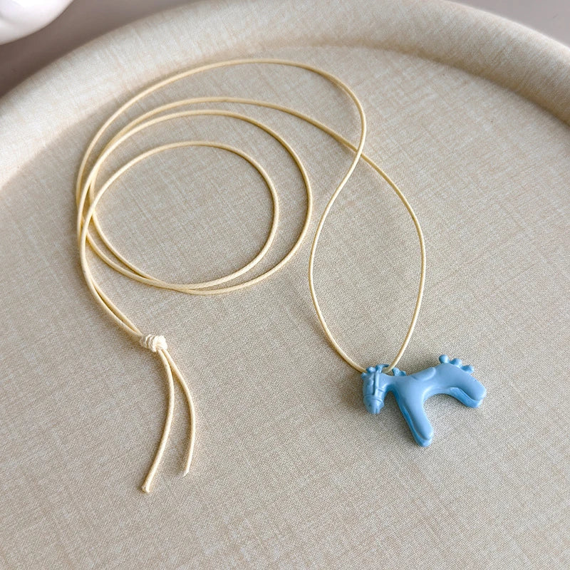 Funny Cartoon Colorful Horse Pendant Necklace for Women Adjustable Black Wax Rope Long Sweater Chain Accessories Fashion Jewelry