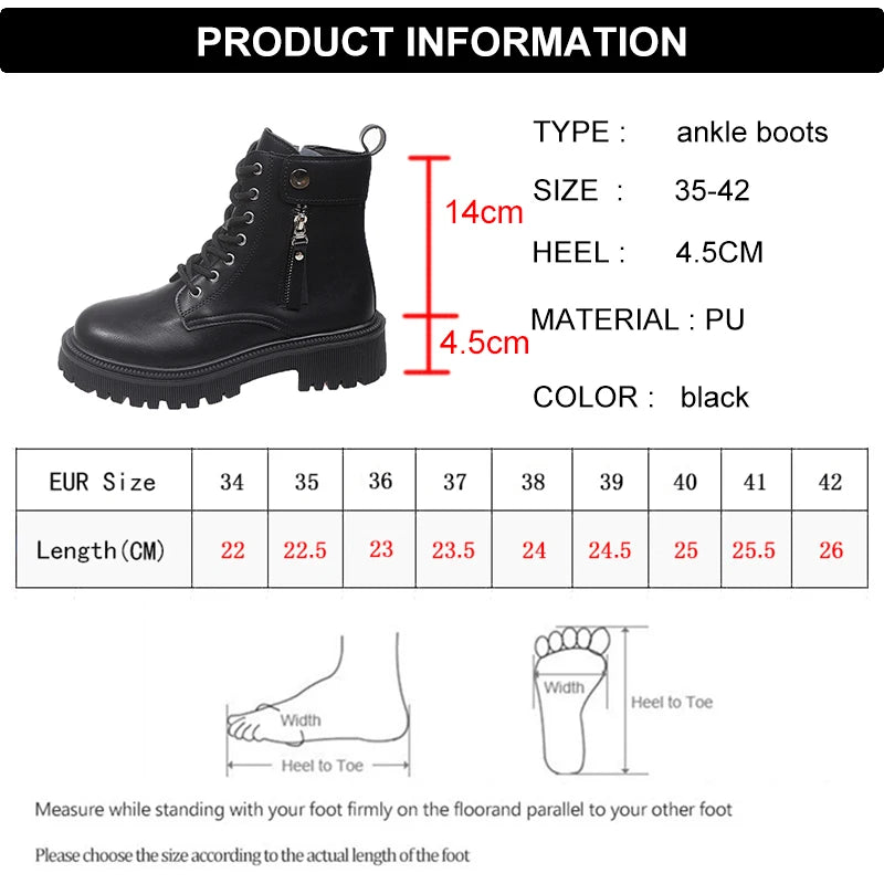 Punk Zipper Decor Platform Ankle Boots for Women Autumn Winter Black Thick Sole Short Booties Mujer Lace Up Pu Leather Boots