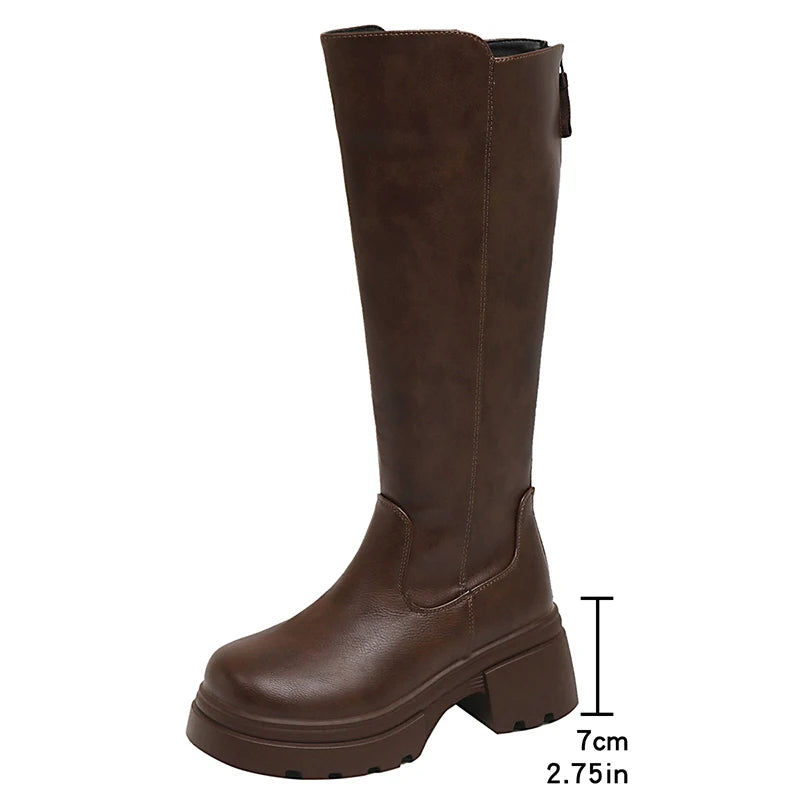 Streetwear Chunky Platform Knee High Boots Women Back Zipper High Heel Pu Leather Boots Woman Plus Size 42 Thick Sole Long Botas