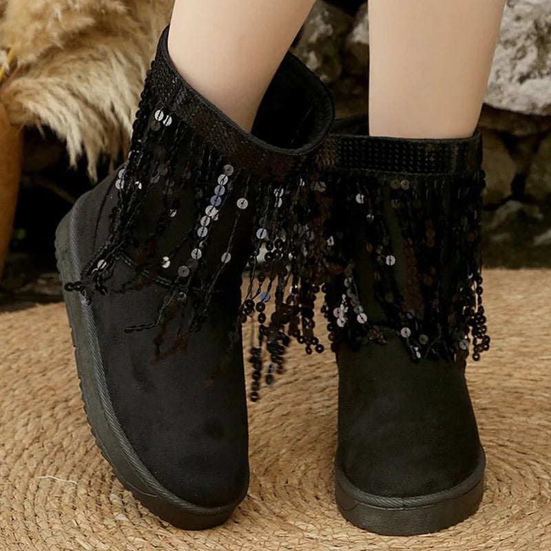 Elegant Shiny Detor Snow Boots for Women Short Plush Thicken Warm Snow Boots Woman Winter Faux Suede Platform Cotton Shoes Lady