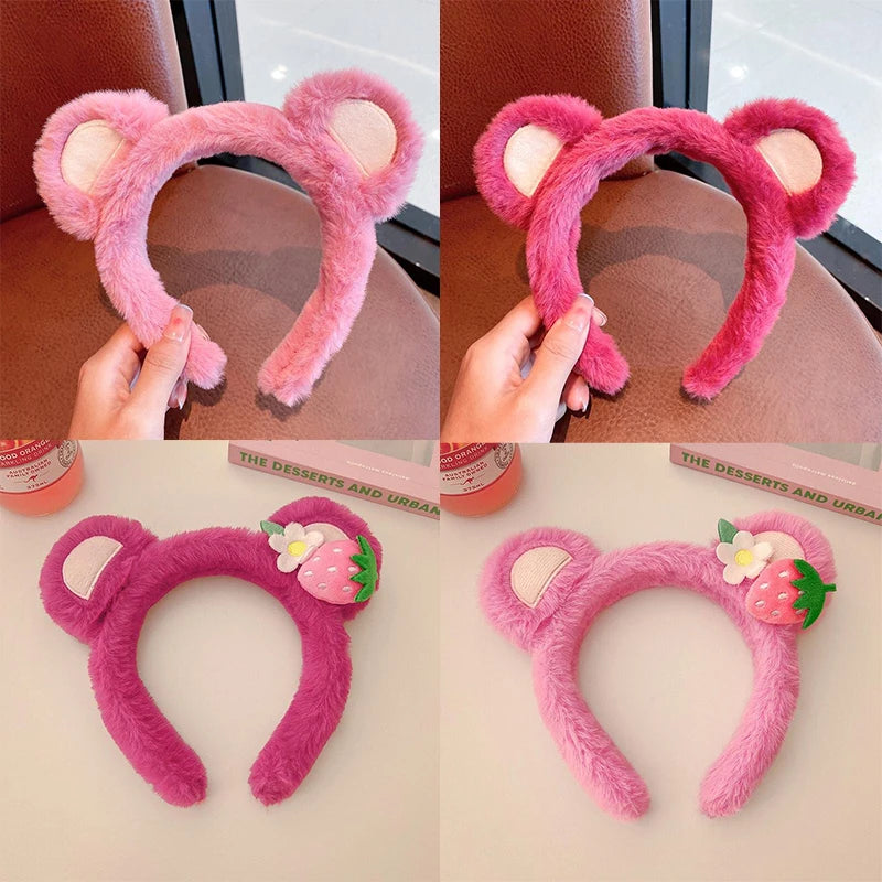 Strawberry Bear Plush Headband for Women Sweet Fashion Girls Face Wash HairBand