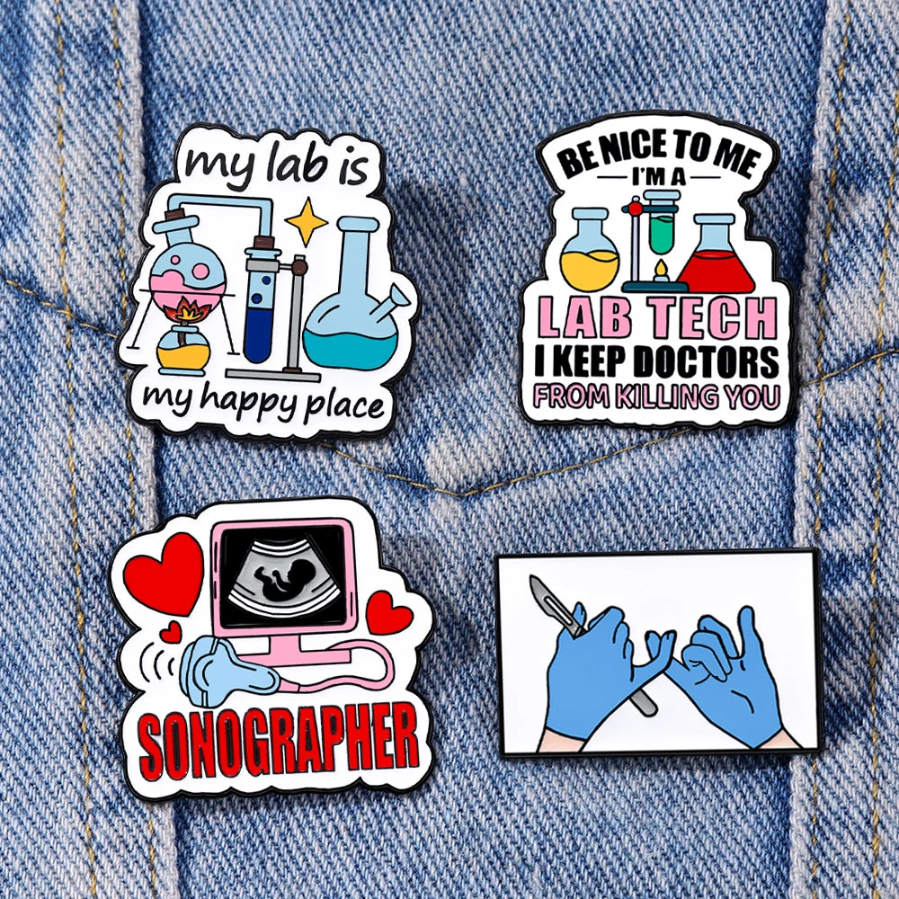 4pcs My Lab Is My Happy Place Sonographer Medical Badge Enamel Pins Pharmacist Jewelry Gift for Doctors Student School Survivor
