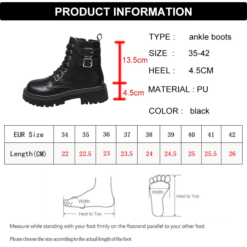 Metal Buckle Platform Motorcycle Boots Woman Plus Size 42 Black Pu Leather Ankle Boots Woman Thick Sole Lace Up Short Booties