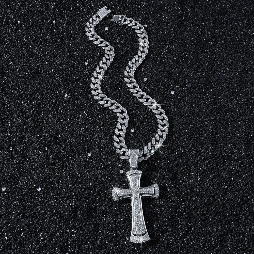 Men Women Hip Hop Cross Shiny Pendant Necklace 13mm Miami Cuban Chain Charm Bling Exquisite Necklaces Jewelry Fashion Charm Gift