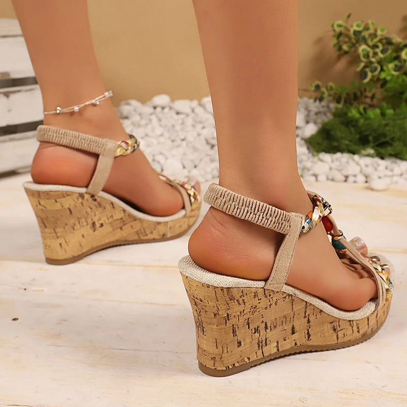 Plus Size 43 Chunky Wedges Bohemian Sandals Women 2026 Summer Beads Non Slip Platform Sandles Woman Elastic Band Rome Sandalias