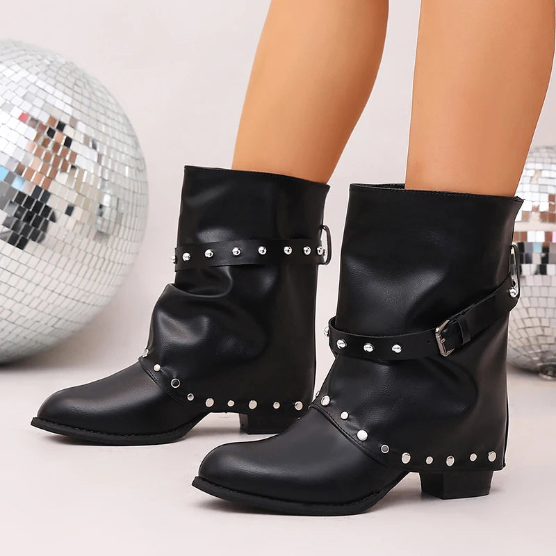 Punk Wide Leg High Heel Ankle Boots Women Plus Size 42 Pointed Toe Slouchy Boots Woman Slip On Thick Heeled Motorcycle Botas
