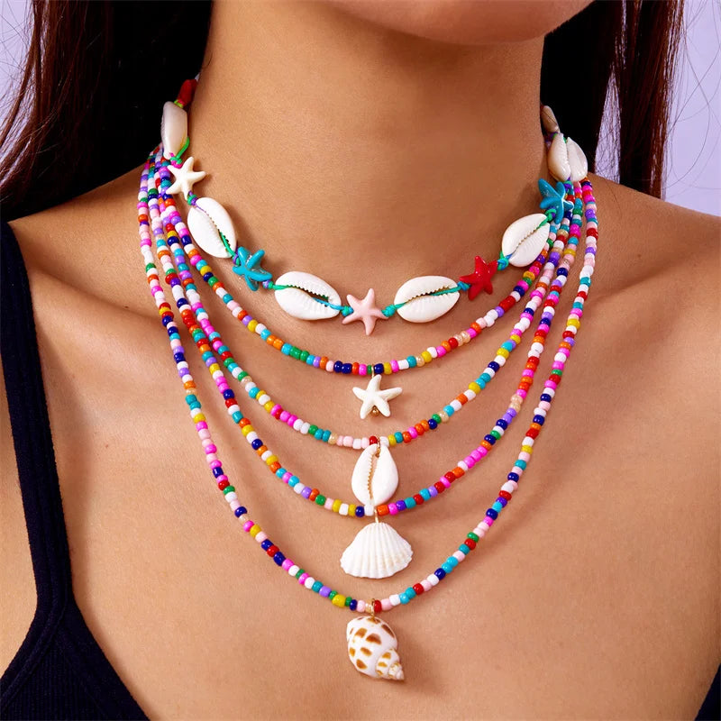 Bohemian Blue Beaded Choker Necklace Set for Women Summer Beach Cowrie Shell Starfish Pendant Multilayer Chains Holiday Jewelry