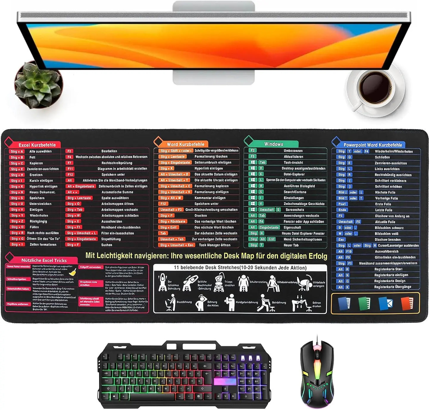 German Excel Cheat Sheet Desk Mat German Excel Mouse Pad , Excel Shortcuts Mat Office Accessories for Office Word PPT Window