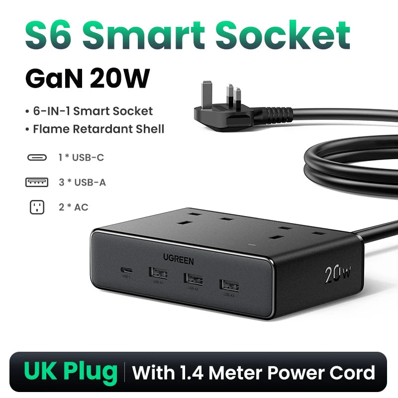 6in1 Power Strip UK/US Plug 2 AC 3 USB-A 1 USB-C 2990W 13A 250V Surge Protector