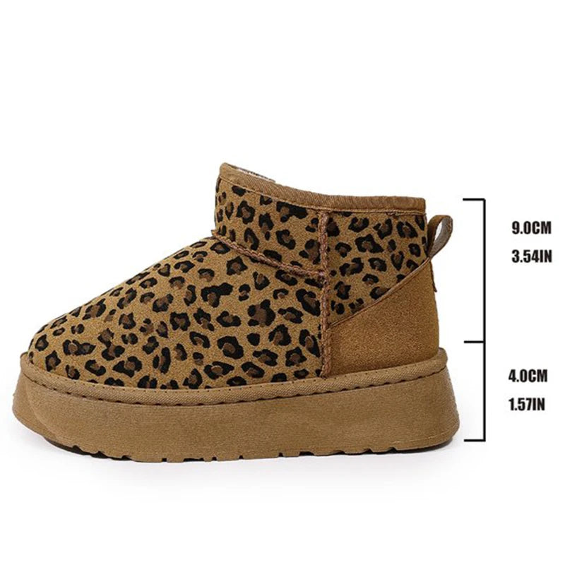2025 Winter Leopard Snow Boots for Women Slip On Short Plush Warm Ankle Boots Woman Fashion Faux Suede Platform Booties Female