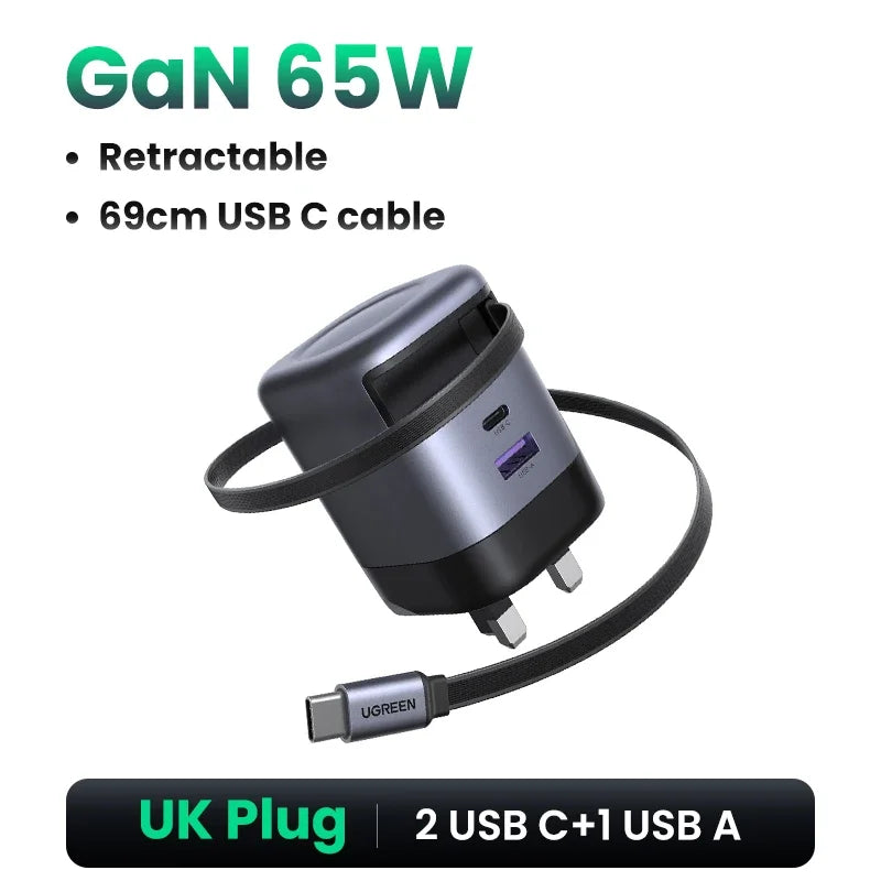 UGREEN 65W GaN Charger With Retractable USB C Cable For iPhone 17 16 Pro Samsung Xiaomi Laptop Macbook Tablet PD Fast Charger