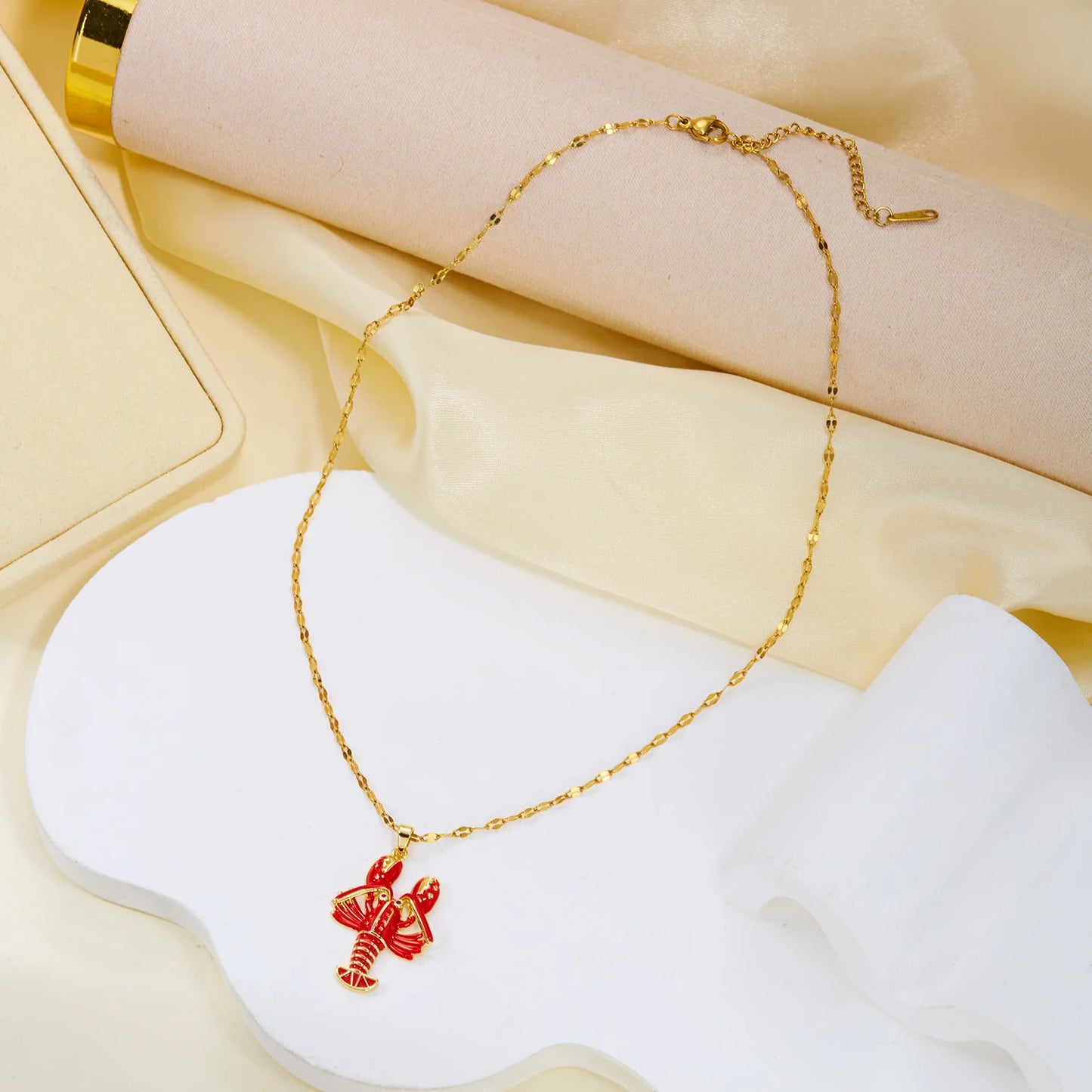 Minimalist Copper Red Enamel Lobster Pendant Necklace with Cubic Zirconia Dainty Gold Tone Chain Simple Statement Jewelry