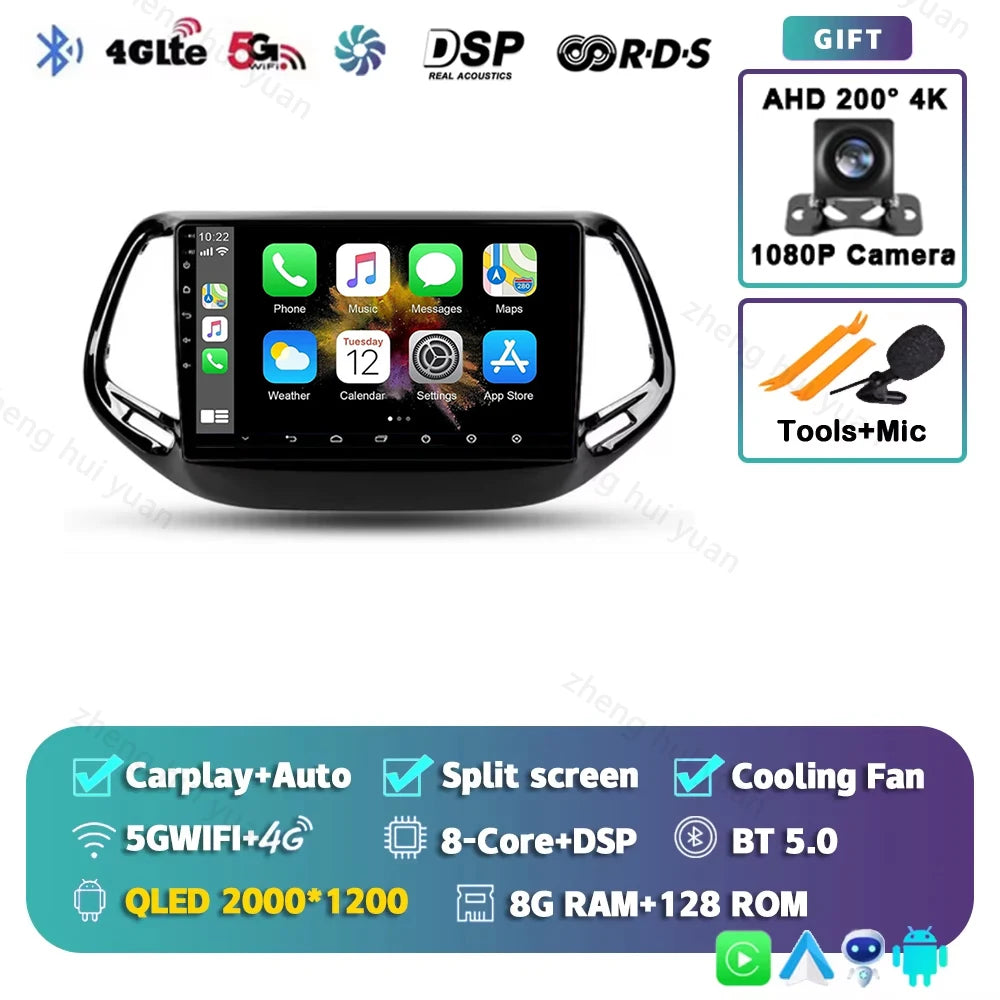 2K QLED For Jeep Compass 2 MP 2016 - 2018 Android 15 CarPlay Auto Car Radio Multimedia Video Player GPS stereo Head Unit 4G WIFI