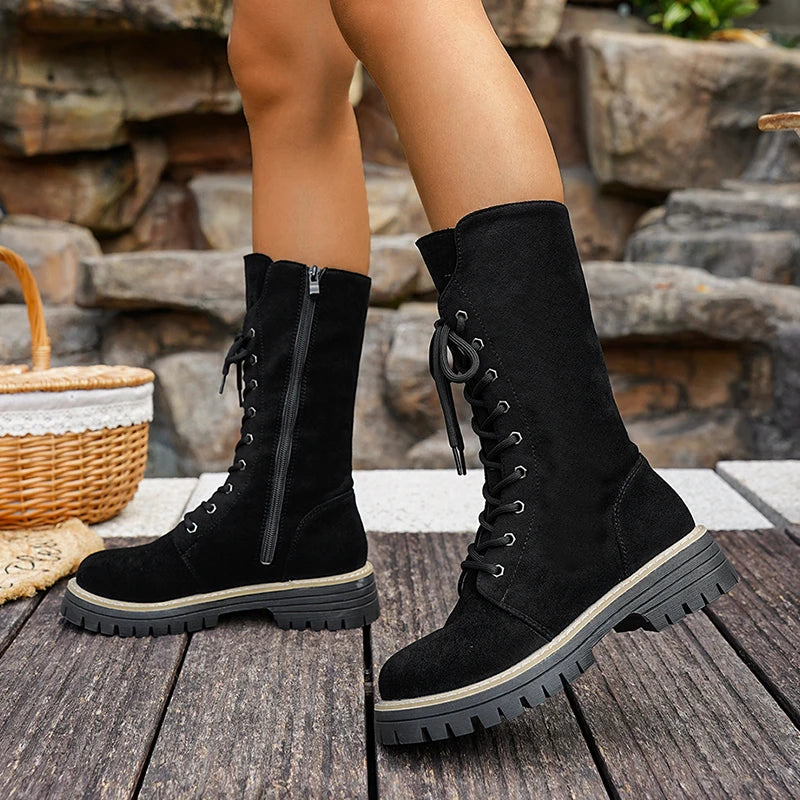 Plus Size 43 Flock Platform Mid Calf Boots Women Fashion Lace Up Thick Sole Riding Boots Woman Side Zipper Autumn Winter Botas