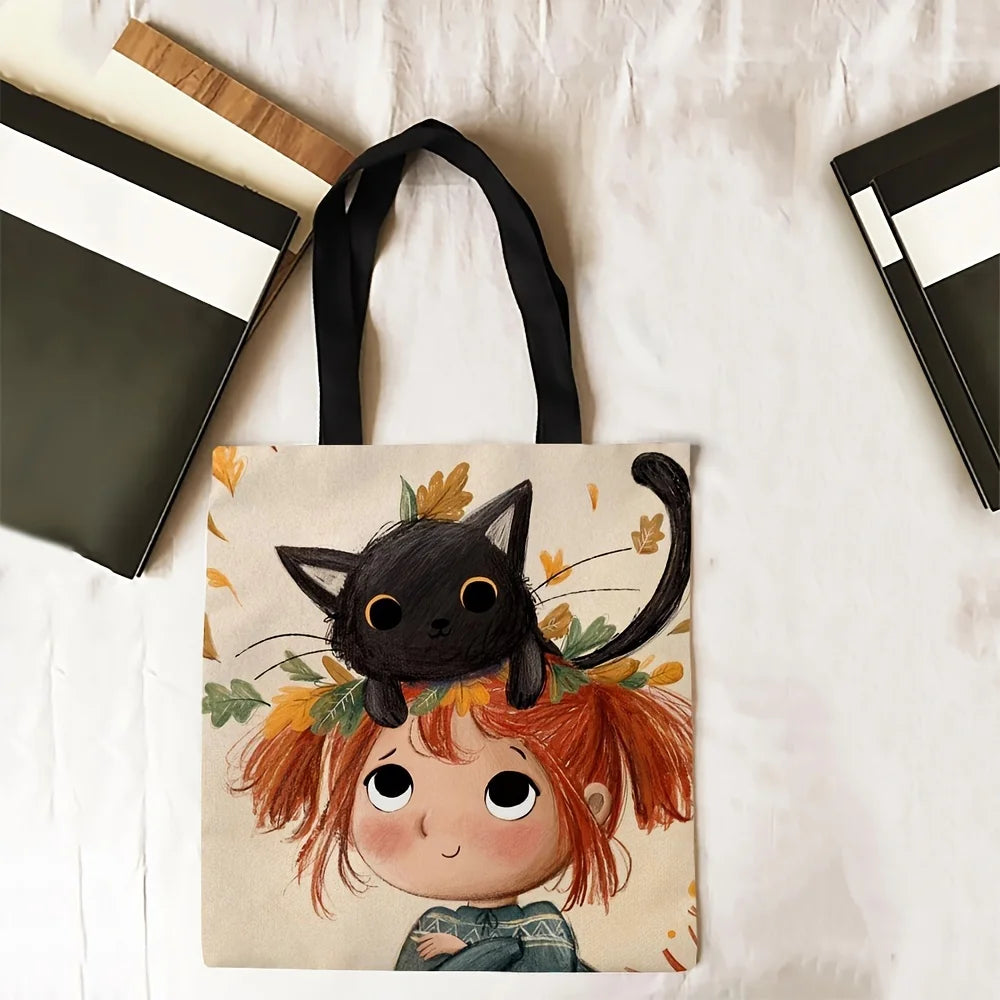 Cartoon Girl Black Cat Print Handbag, Cute Shoulder Bag & Daily Casual Shop Bag