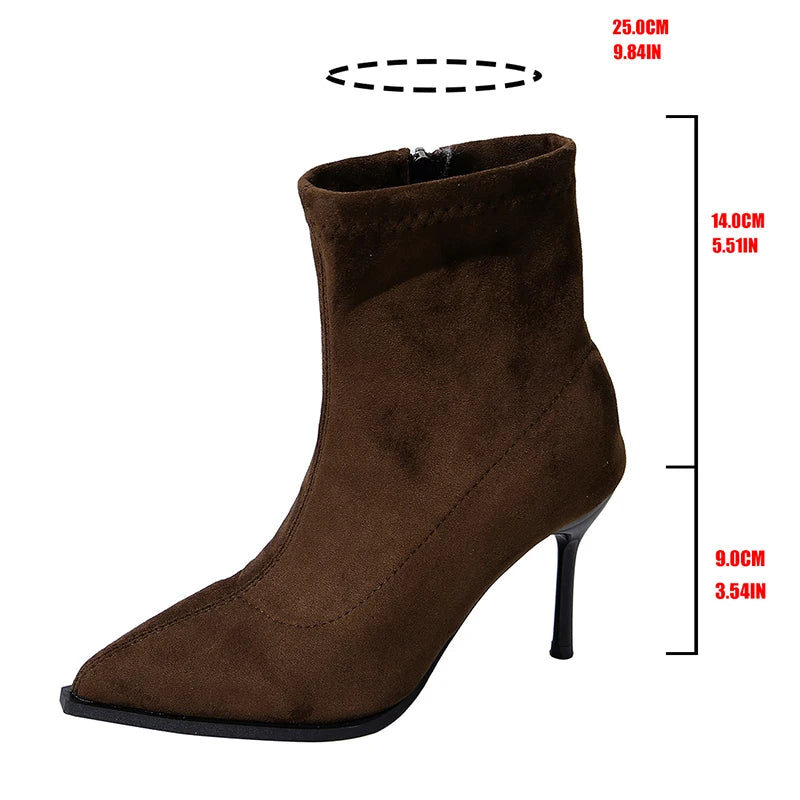 Faux Suede Stiletto Heel Ankle Boots Women Fashion Pointed Toe High Heeled Boots Woman Plus Size 42 Zippers Short Booties Mujer