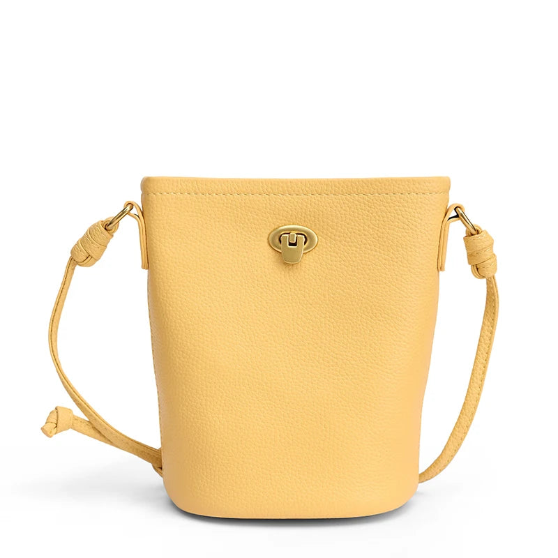 Women's Genuine Leather Mini Crossbody Bag Ladies' Waxed Cowhide Vintage Shoulder Bag Brand Small Chic Cellphone Bucket Bag