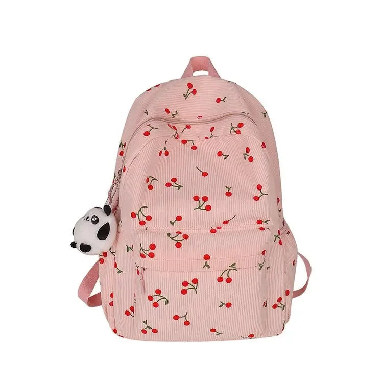 Corduroy Backpack Cherry Pattern Women Travel Daypack Adjustable Strap Laptop Backpack Zipper for Work Shopping School mochilas