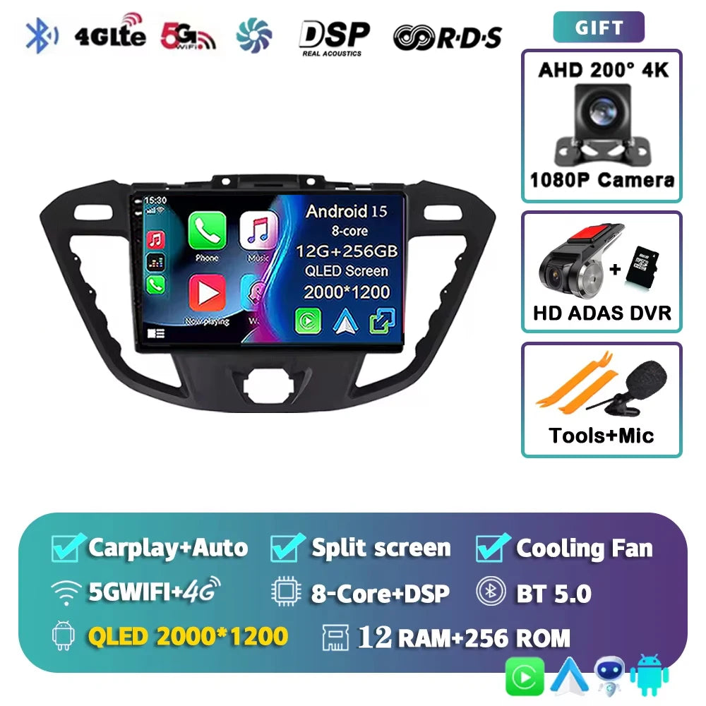 Android15 Carplay Auto WIFI+4G Car Radio For Ford Transit Custom 2013-2018 Multimedia GPS Video Player Stereo 2din Head Unit DSP