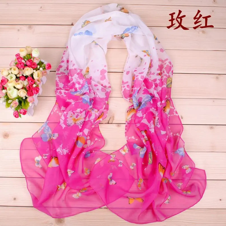 New Yiwu Colorful Little Butterfly Women's Printed Chiffon Long Scarves Wholesale Spring and Summer Printed Scarves
